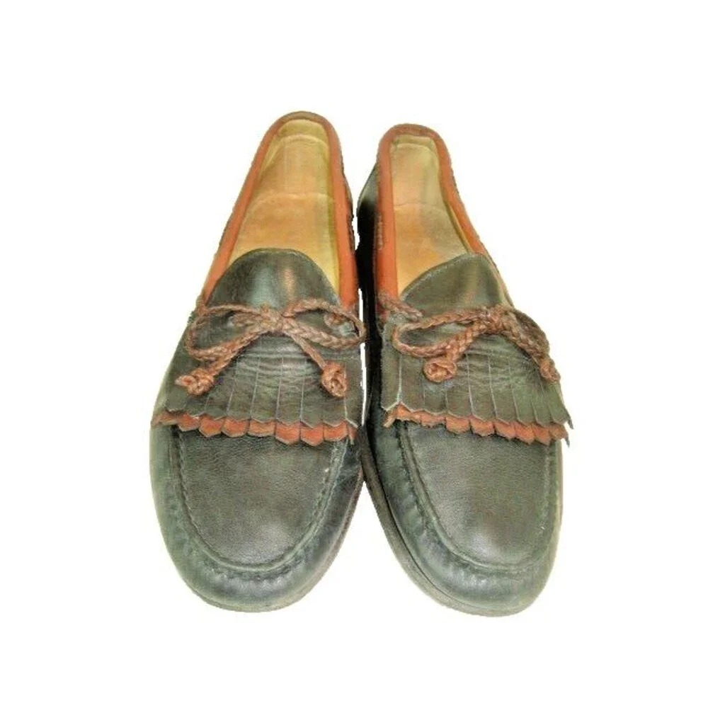 Mens Woodstock 2 Tone Black/Tan Leather Tassel Kilt Casual Loafers sz 10D